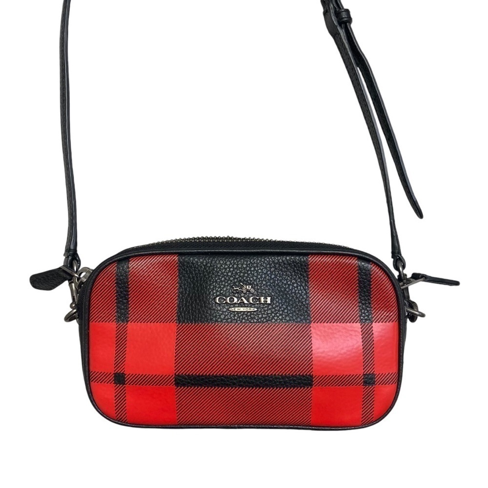 COACH Mount Plaid Red/Black Double Zip Leather Small Crossbody Pouch 53448 - Picture 2 of 9